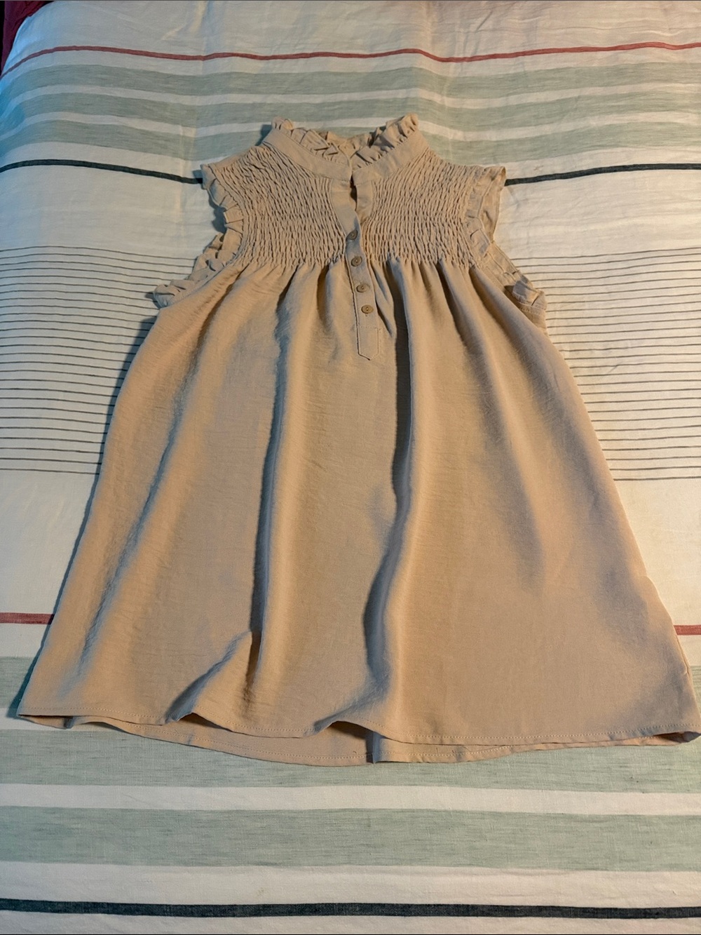 Ladies' Sleeveless Smocked Neck tunic in Light Beige